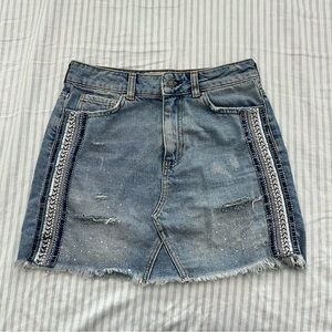 Free People Blue Denim Mini Skirt with Embellished Stripes